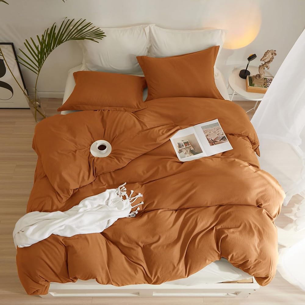 Parure de lit exclusive 3 pièces en terre cuite, orange brûlé doux et rouille – Grand lit (228,6 x 228,6 cm) avec fermeture éclair et 2 taies d'oreiller – Parure de lit en microfibre pour l'automne : Cuisine et Maison