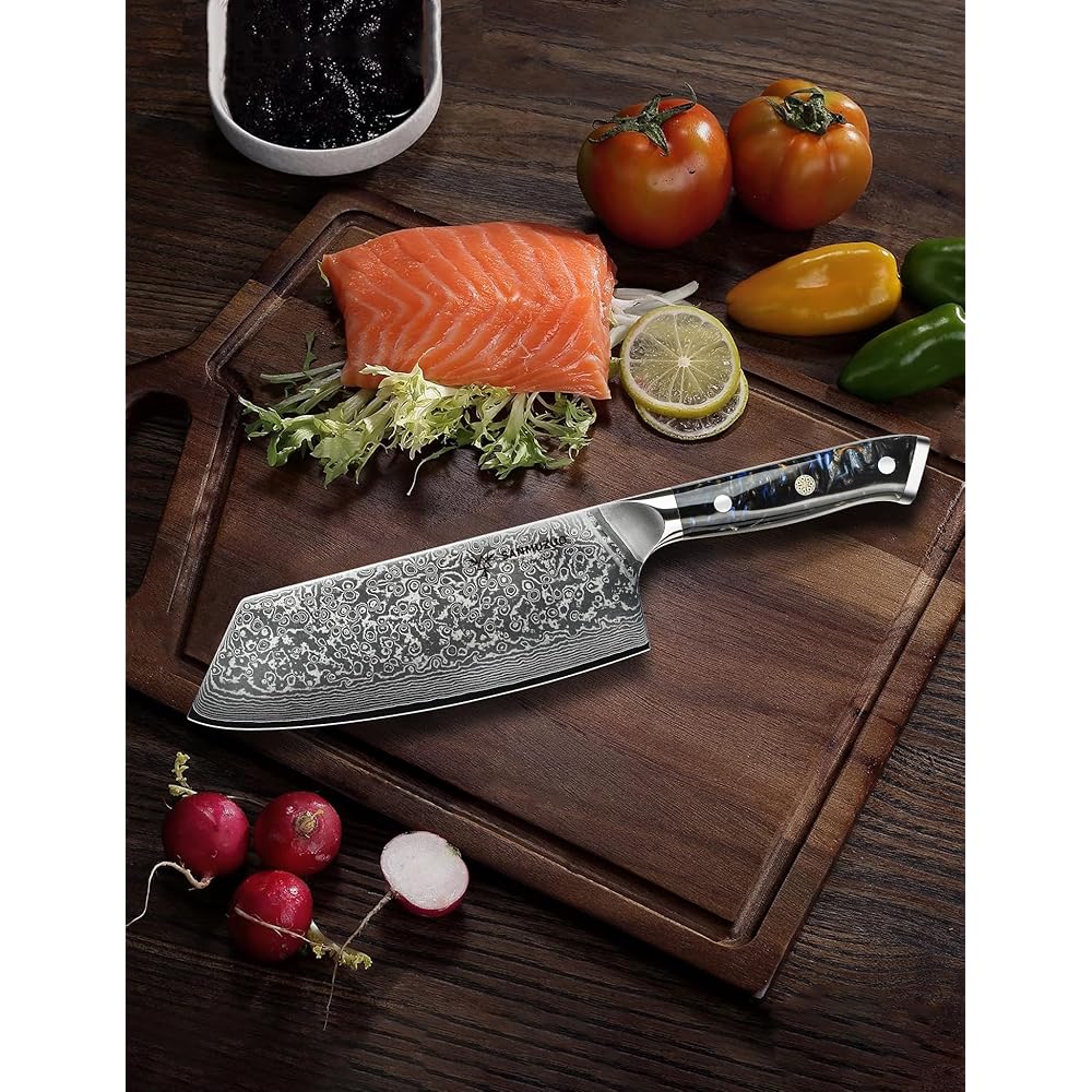 SANMUZUO Damas Couteau Nakiri avec Lame 19 cm Professionnel Couteaux de Cuisine en VG-10 67 Couche Damas Acier avec Poignée en Résine(Noir étoilé) - Xuan Série : Cuisine et Maison