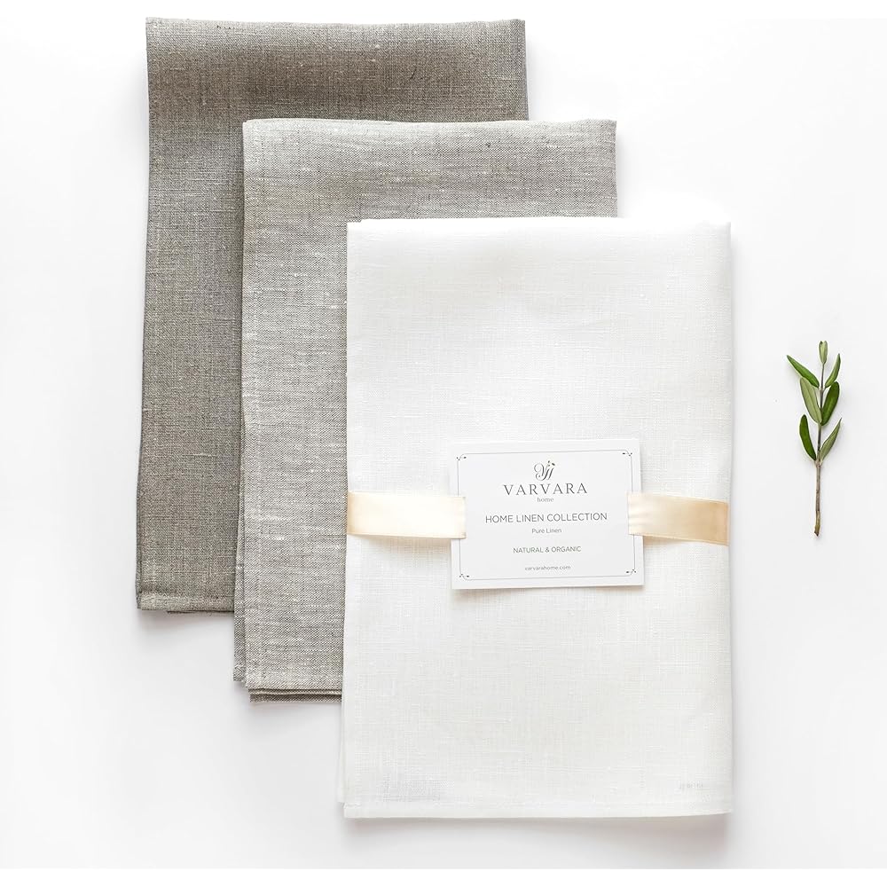 Varvara Home 9 Torchons en Lin | Torchon de Cuisine en Lin | Serviettes et torchons à Vaisselle Lin | Torchon Professionnel Beige Naturel Blanc - Set de 9 : Cuisine et Maison