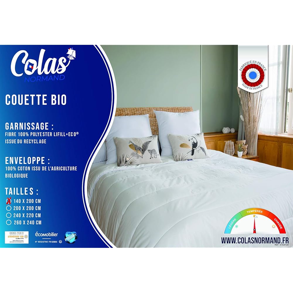 COLAS NORMAND - Couette Coton Bio - Tempérée - 140x200cm - Coton Issu de l'agriculture Biologique - Garnissage Issu de Bouteilles recyclées - Fabrication française : Cuisine et Maison