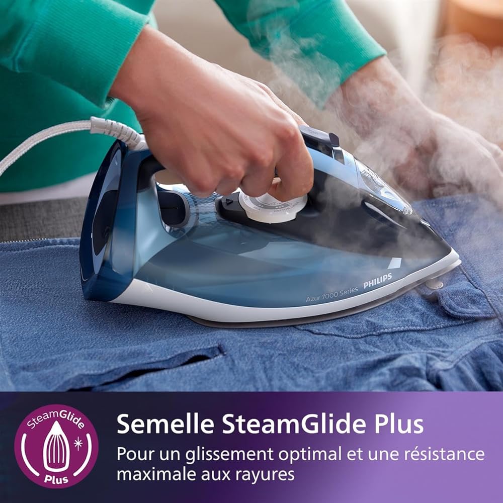 Philips Azur Séries 7000 Fer à Vapeur - 2800W, Vapeur continue 50 g/min, 250 g de Vapeur en Plus, Vapeur Verticale, Semelle SteamGlide Plus, Bleu (DST7020/80) : Cuisine et Maison