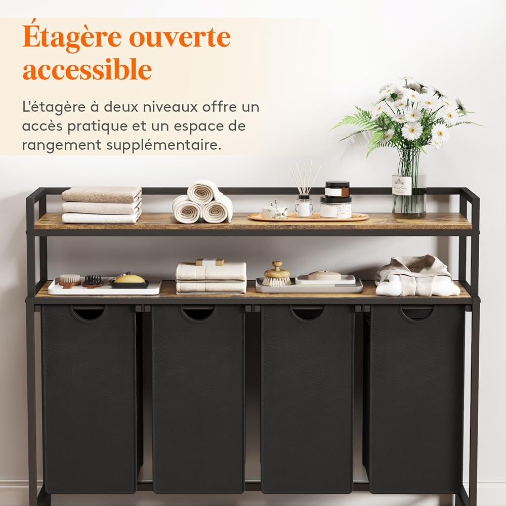 Lifewit Panier a Linge 4 Compartiments Roulettes 168L, Meuble Linge Sale avec Grande Étagère Supérieure et 4 Sac à Linge en Tissu Oxford, Bac à Linge pour Buanderie, Chambres, Salles de Bains, Noir : Cuisine et Maison
