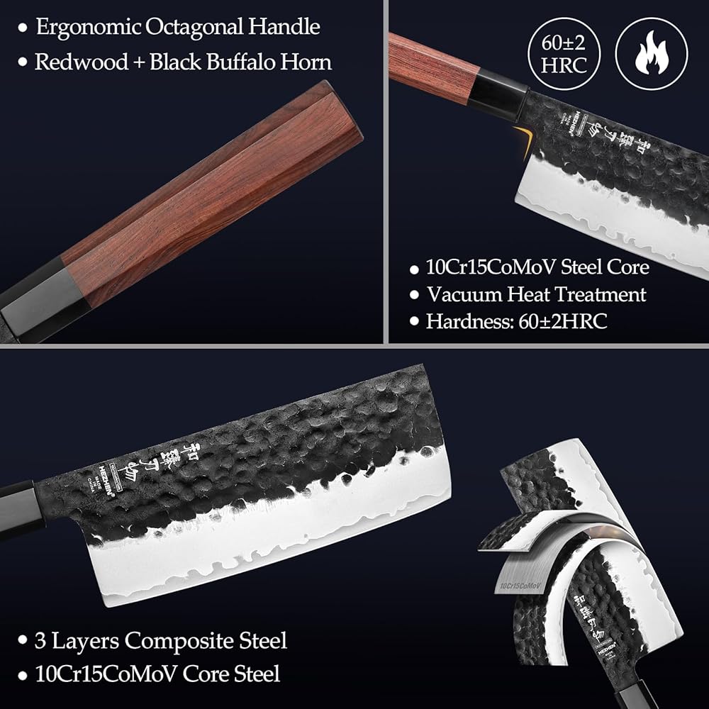 HEZHEN Couteau Nakiri Style japonais Couteau Couteau, Multi-Usages Couteau de chef Asiatique Pour Trancher la Viande et les Légumes, Manche Octogonal Ergonomique en Bois Rouge : Cuisine et Maison