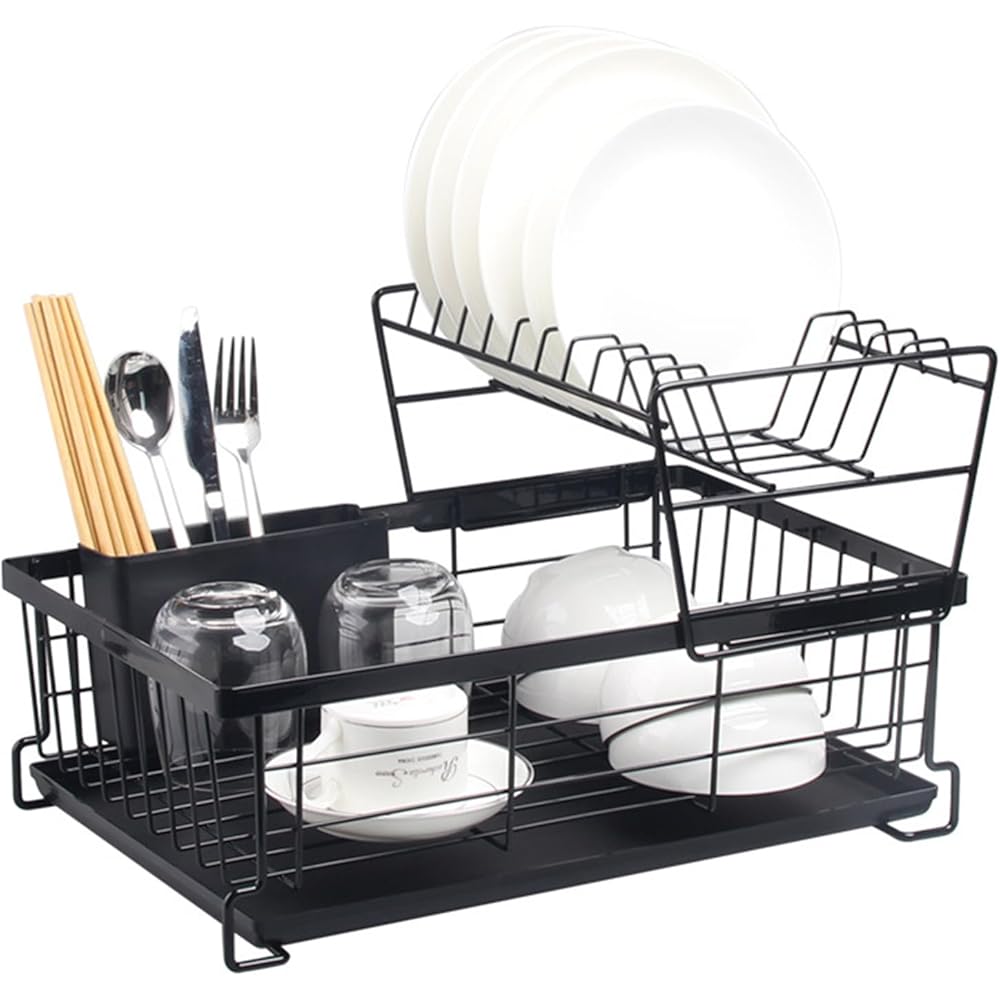 2 Niveaux Égouttoir à Vaisselle avec Porte-ustensiles Amovible,Égouttoir à Vaisselle pour l'économie d'espace,Égouttoirs à Vaisselle pour comptoir de Cuisine,Noir/42.5×28×27CM : Cuisine et Maison