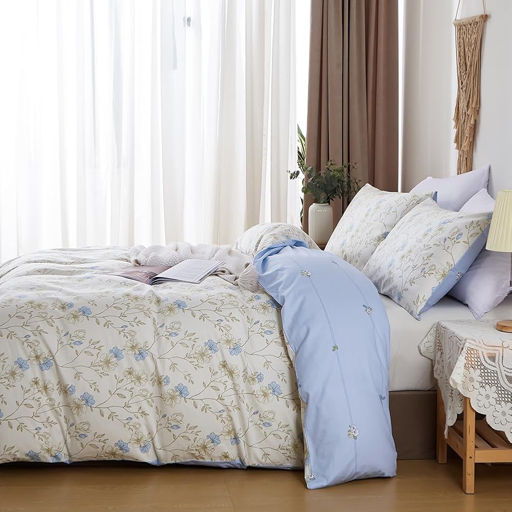 Michorinee Housse de Couette Coton 220x240 Fleurs Bleu et Blanc - 100% Coton Parure de Lit Motif Floral - Parure Housse Couette 2 Personnes avec 2 Taies d'oreiller 65x65 cm Fermeture Éclair : Cuisine et Maison