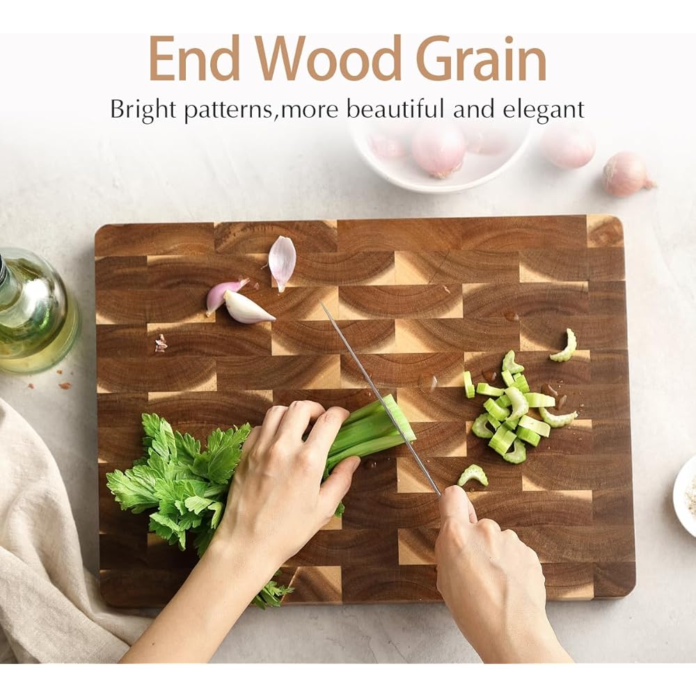 HEZHEN Planches à Découper Bois d'Acacia-Bois End Grain Planche à Trancher-Planche a Decouper Viande,Avec Poignée Latérales et Pieds Antidérapants : Cuisine et Maison