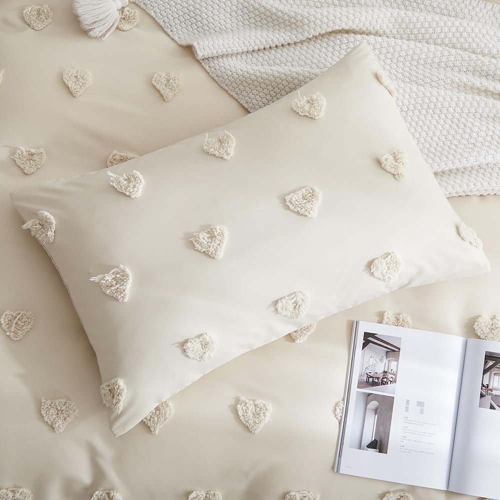 Freyamy Tuftée Parure de lit Bohème Housse de Couette 220x240 Broderie à la Main Parure de lit 2 Personne en Microfibre avec Fermeture Beige Ensemble de literie avec 2 Taie d'oreiller 65 x 65 Filles : Cuisine et Maison