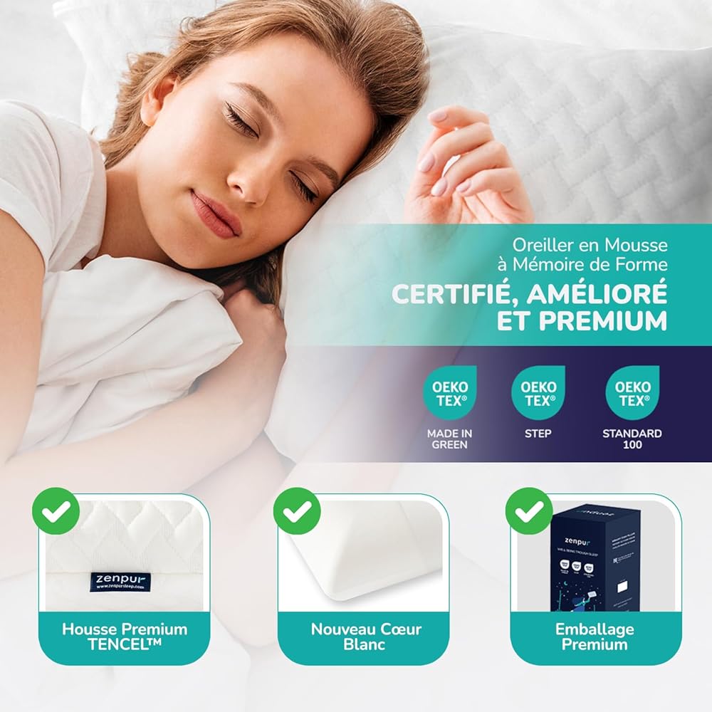 ZenPur Lot de 2 Oreillers Cervicaux Mémoire de Forme 40x60 - Coussins Ergonomiques Anti-Douleurs Cervicales - Mi-Ferme, Housse Bambou Premium, Certifié Oeko-TEX : Cuisine et Maison