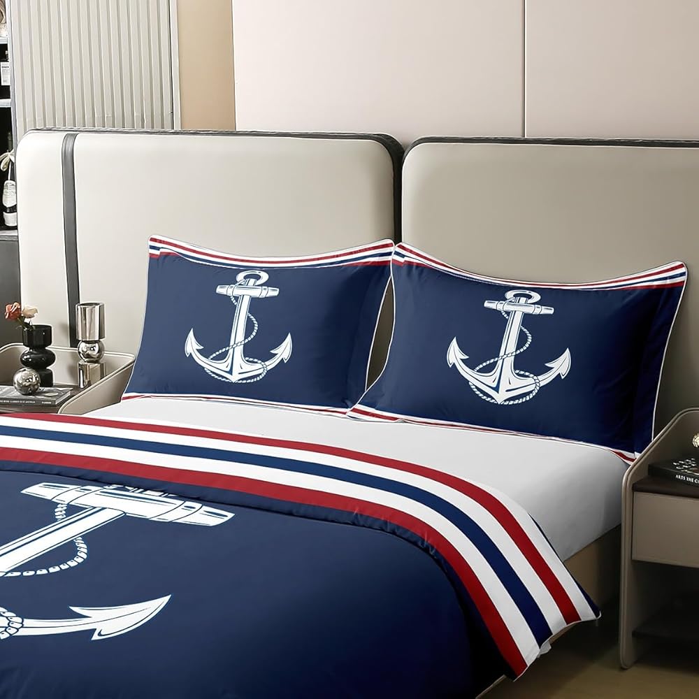Homemissing Ancre Literie Set Marine Bleu 100% Coton Housse de Couette 200x200cm Femmes Ultra Doux Aventure Marine Parure de Lit océan Ensemble de lit Chambre Ensemble de Literie : Cuisine et Maison