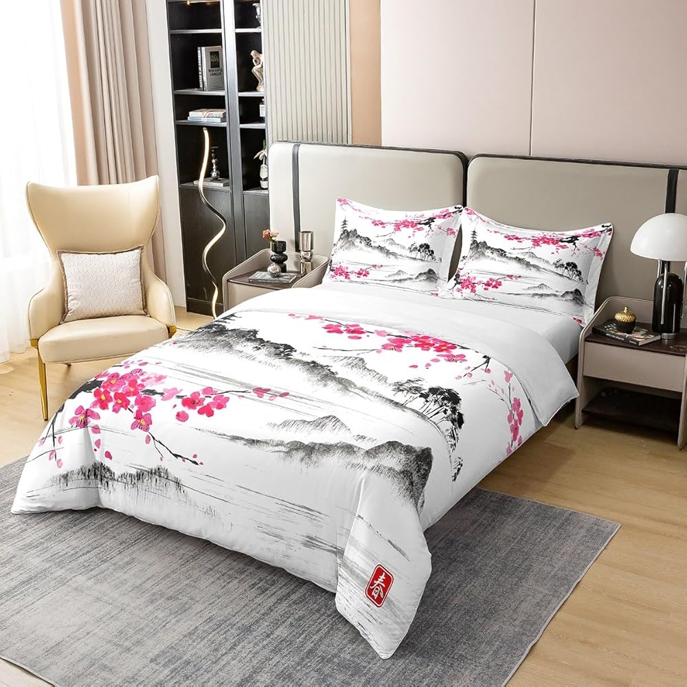 Homemissing Fleurs de Cerisier Housse de Couette 100% Coton Style Japonais Literie Set 140x200cm Fleurs de Cerisier Parure de lit Chambre décor Floral Plantes Rose Literie Ensemble 2 pièces : Cuisine et Maison