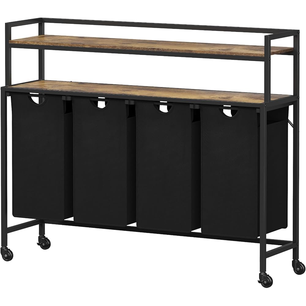 Lifewit Panier a Linge 4 Compartiments Roulettes 168L, Meuble Linge Sale avec Grande Étagère Supérieure et 4 Sac à Linge en Tissu Oxford, Bac à Linge pour Buanderie, Chambres, Salles de Bains, Noir : Cuisine et Maison