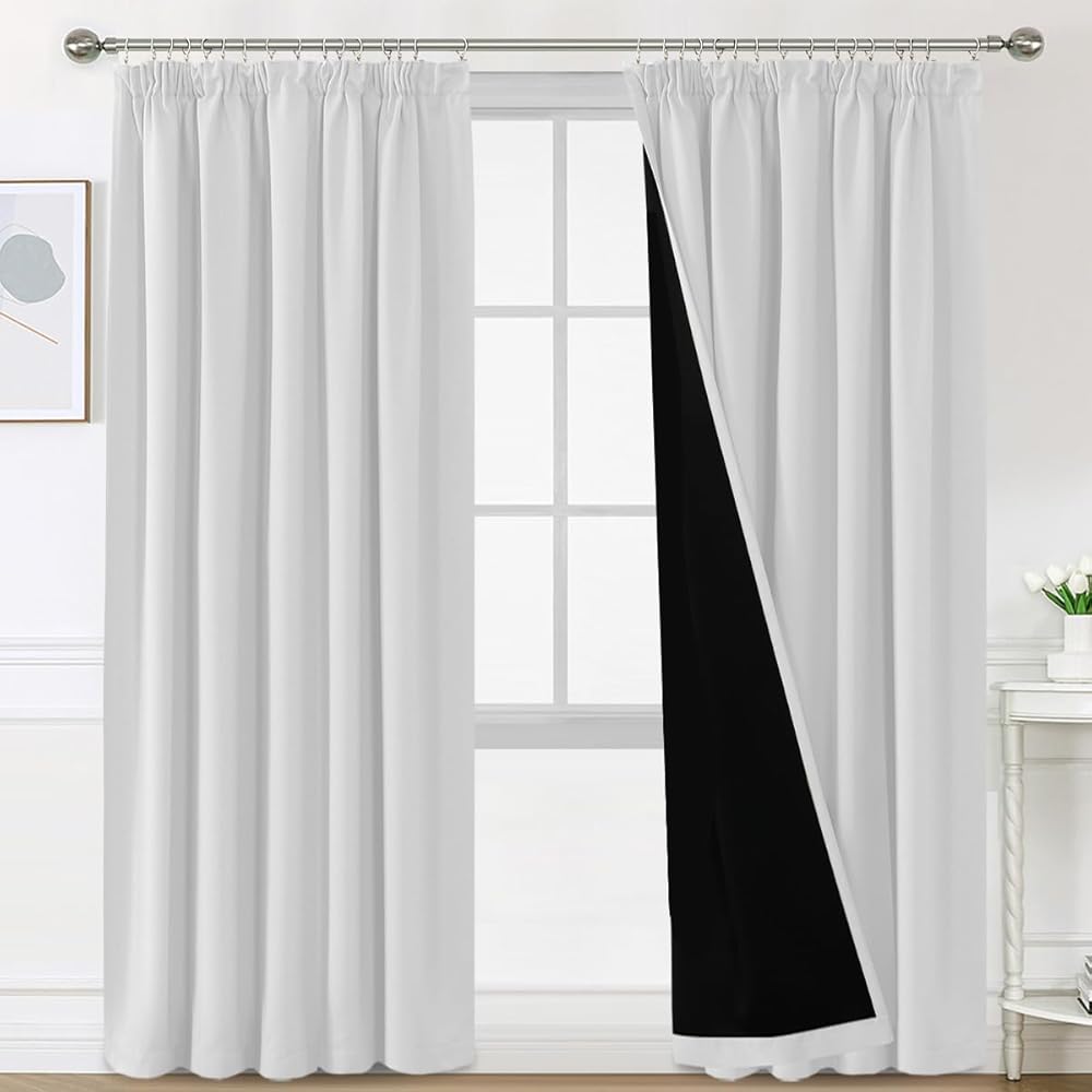 BellaHills 100% Rideaux Occultant 2 Panneaux Tenture,Double Rideaux Occultant et Thermique,pour Maison Salon et Chambre,140x260CM,Blanc Grisé : Cuisine et Maison