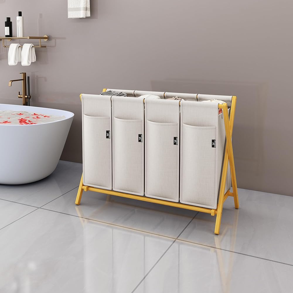 AdelDream Panier à Linge 4 Compartiments 200 L Panier à Linge en Bambou pour Linge Sale Trieur de Linge Boîte à Linge en Bois Panier à Linge avec Couvercle : Cuisine et Maison
