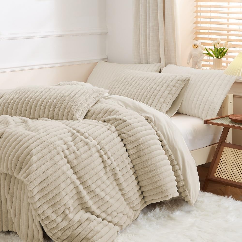Sedefen Housse de Couette 240x260 cm Beige Peluche Flanelle Hiver Chaude Duveteuse Parure de lit 2 Personnes + 2 Taies d'oreiller 65x65cm Adulte Ado Linge de lit Avez Fermeture Éclair : Cuisine et Maison
