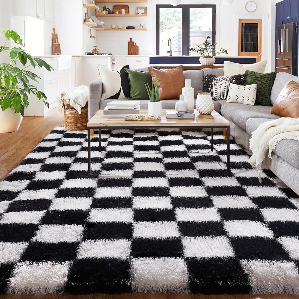 BYBSRLL Tapis à carreaux, 180 x 270 cm, noir et blanc, moelleux, pour salon, chambre à coucher, chambre à coucher ou d'enfant, doux : Cuisine et Maison