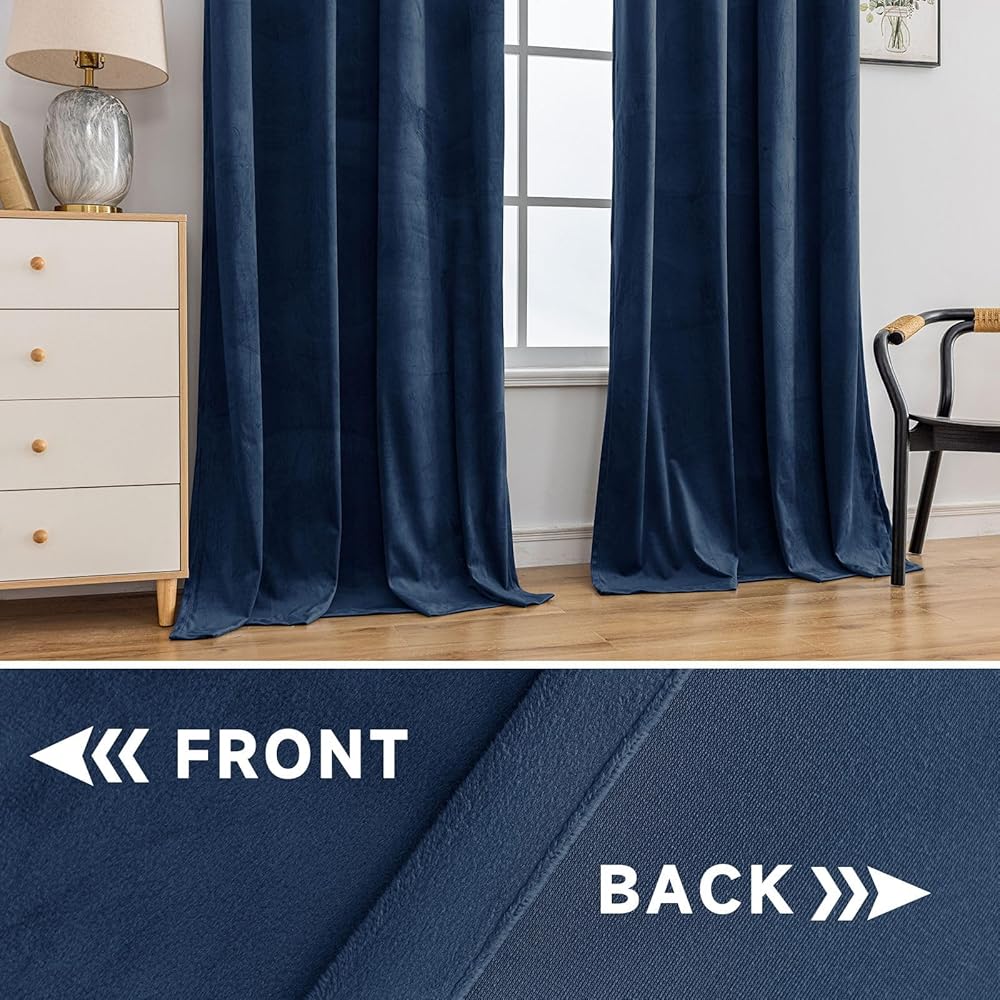 Ystyle Rideau Occultant Velours Lot De 2, 140x300cm, Rideaux Salon Rideau Thermique Isolant Anti Chaud Intérieurs, Rideau Phonique Anti Bruit, Moderne Chambre Maison Dressing, Bleu Foncé : Cuisine et Maison