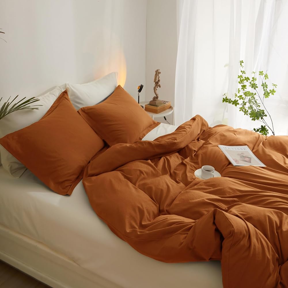 Parure de lit exclusive 3 pièces en terre cuite, orange brûlé doux et rouille – Grand lit (228,6 x 228,6 cm) avec fermeture éclair et 2 taies d'oreiller – Parure de lit en microfibre pour l'automne : Cuisine et Maison
