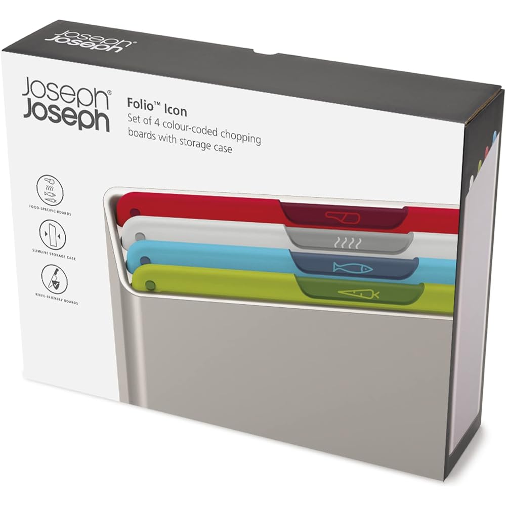 Joseph Joseph Folio Icon - Ensemble de 4 Planches à découper antidérapantes à Code Couleur avec étui de Rangement, Regular, Multicolore : Cuisine et Maison