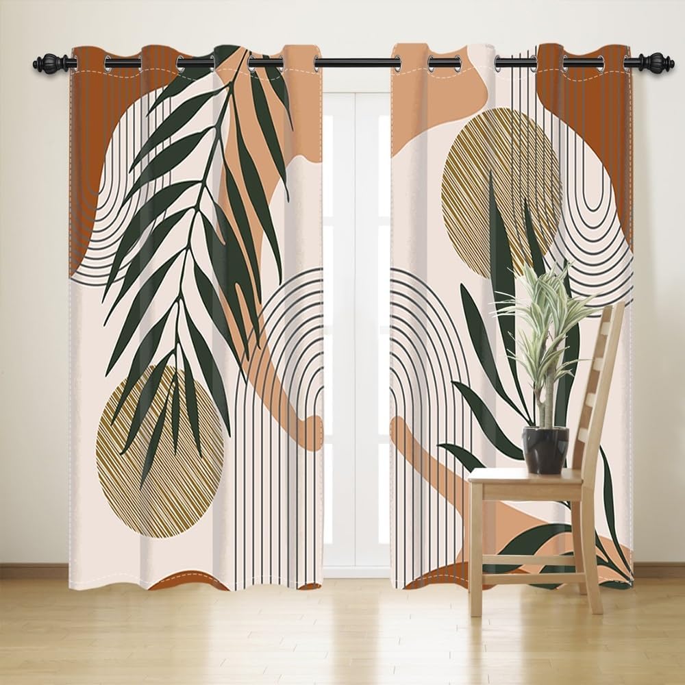 Uiiooazy Rideaux Occultant Abstrait, Rideaux Occultant Boho Terracotta Feuilles Vert Rideaux Thermiques Isolant Anti Froid et Chaleur Rideaux À Oeillets pour Chambre Cuisine Fenêtre, 2 PCS, 140x200cm : Cuisine et Maison