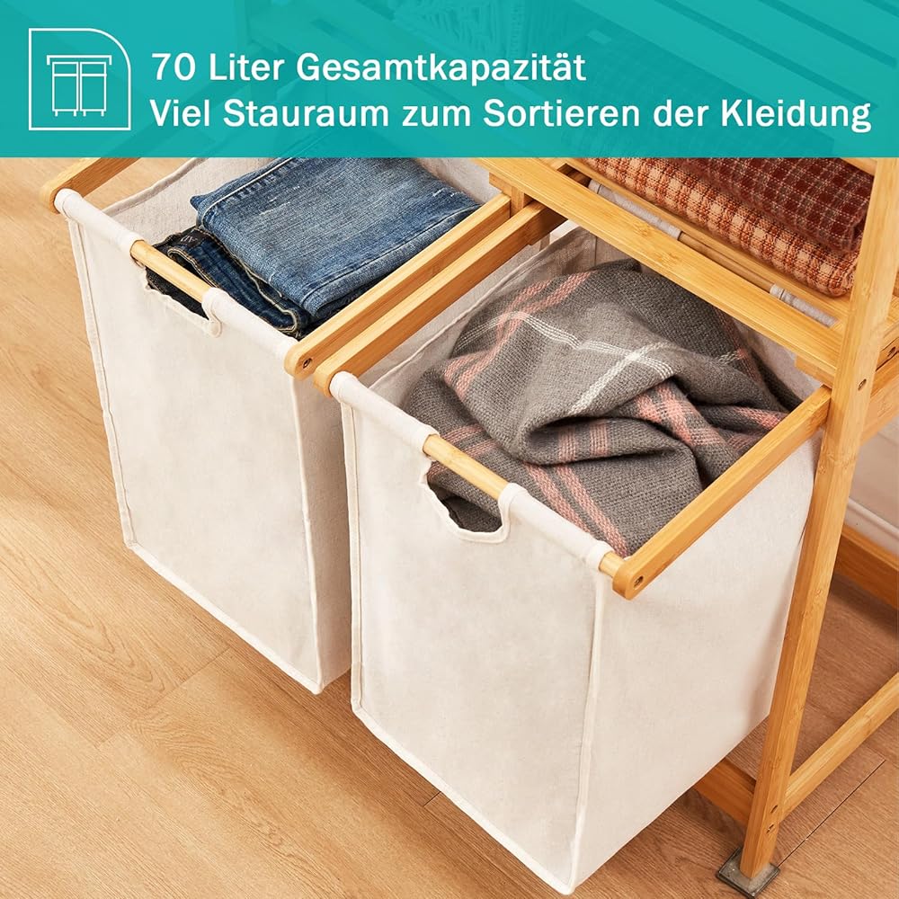 YOUDENOVA Panier à linge en bambou avec 2 étagères et 2 sacs à linge extensibles pour chambre à coucher, salle de bain ou buanderie, 93 x 64 x 33 cm, ivoire : Cuisine et Maison