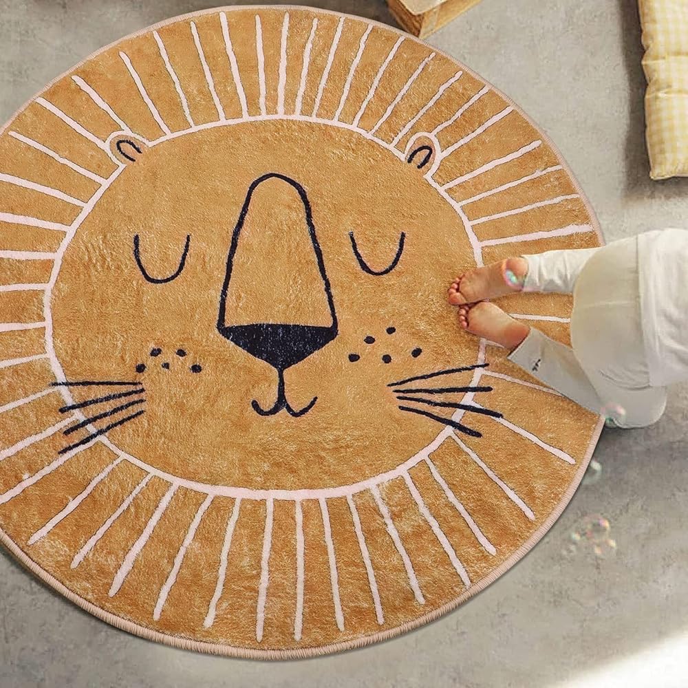 Rururug Tapis rond, diamètre 160 cm, marron, jaune, motif tête de lion, doux, en imitation cachemire, antidérapant, lavable, facile d'entretien : Cuisine et Maison