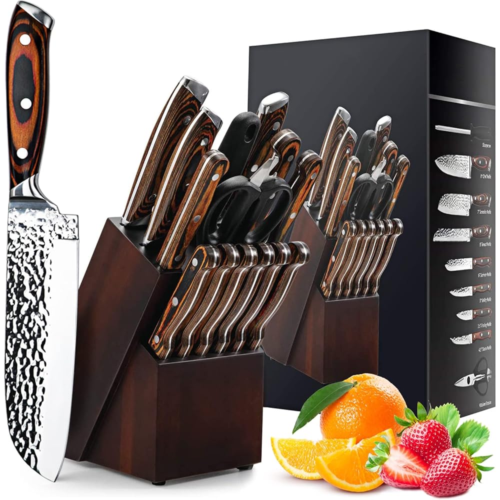 HUIKAILI Ensembles de Couteaux de Cuisine, 15 Set Couteau Cuisine en Acier Inoxydable, Couteau Cuisine Professionnelle avec Support en Bois : Cuisine et Maison