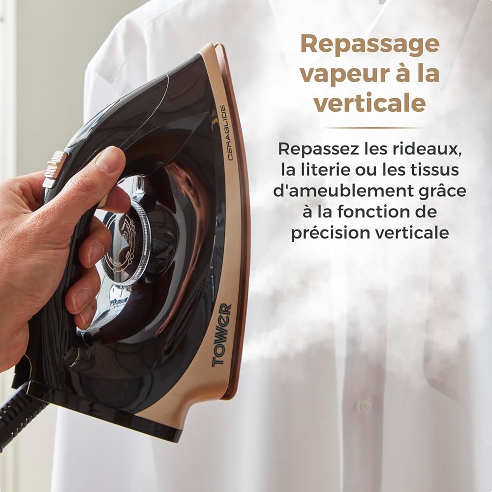 Tower T22023GLD Centrale Vapeur - Fer à Repasser Centrale Vapeur - Centrale Vapeur à Fil CeraGlide avec Bouton Steam Shot, 3 Réglages de Température - 1,2 L - 2 700 W - Champagne Doré et Noir : Cuisine et Maison