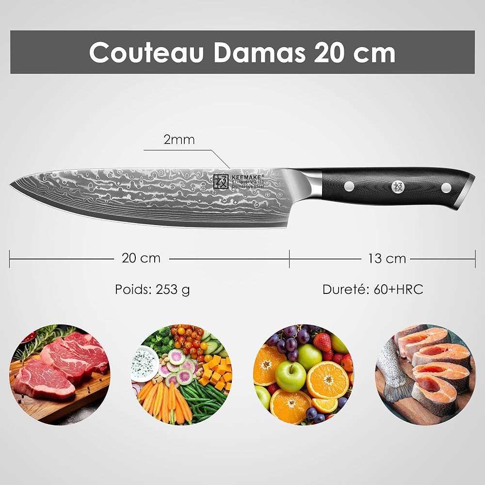 KEEMAKE Couteau Cuisine Professionnel Chef 20cm, Couteaux de Cuisine Damas Acier Japonais 67 Couches Poignée G10 pour Viande Légume : Cuisine et Maison