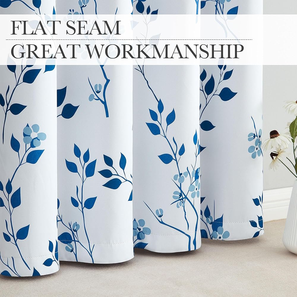Beauoop Lot de 2 rideaux occultants à œillets avec motif floral bleu marine pour salon, chambre à coucher, 228,6 cm, isolation thermique et réduction du bruit : Cuisine et Maison
