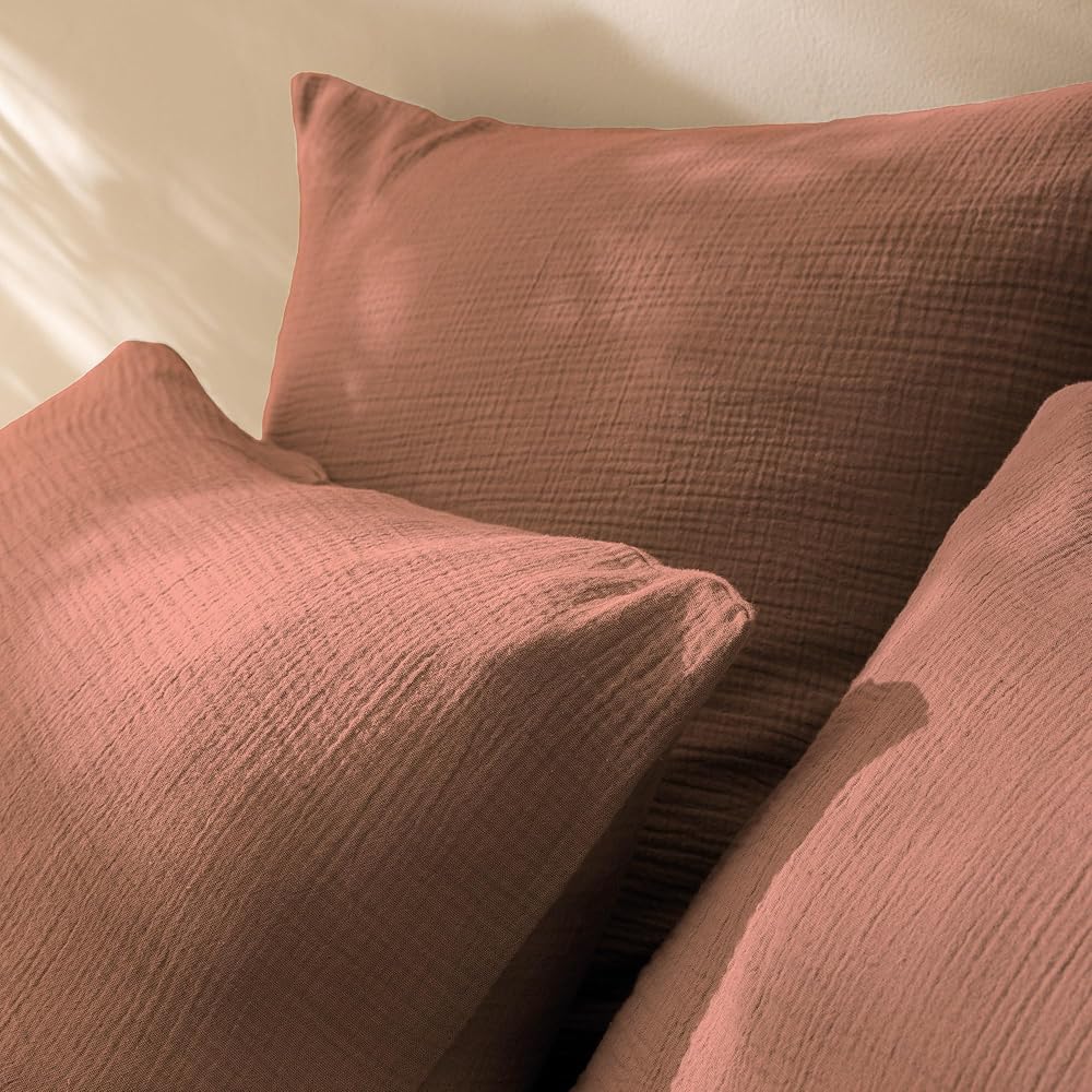 MATT &amp; ROSE Parure de lit Unie Double Gaze DE Coton 240x220cm | 100% Coton de qualité supérieure | Oeko-TEX | Housse de Couette 240x220cm + 2 Taies d'oreiller 65x65 cm | Terre Cuite : Cuisine et Maison