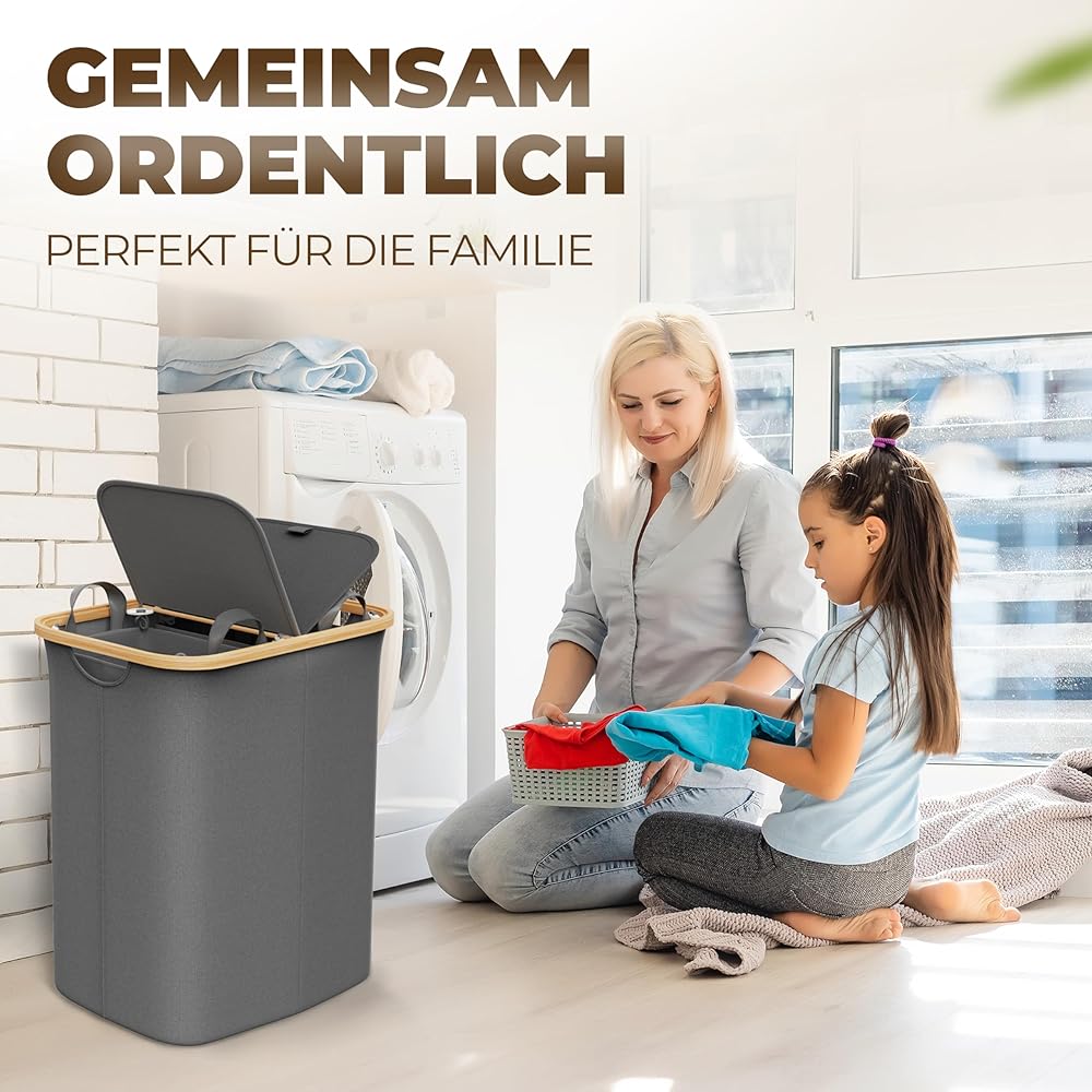 Panier à linge 2 compartiments avec couvercle,100 litres,Tissu bambou gris,Grand,Panier à linge avec couvercle,Panier à linge,Gris foncé,Anthracite,Noir,Laundry Hamper,Celeko foncé,100 l : Cuisine et Maison