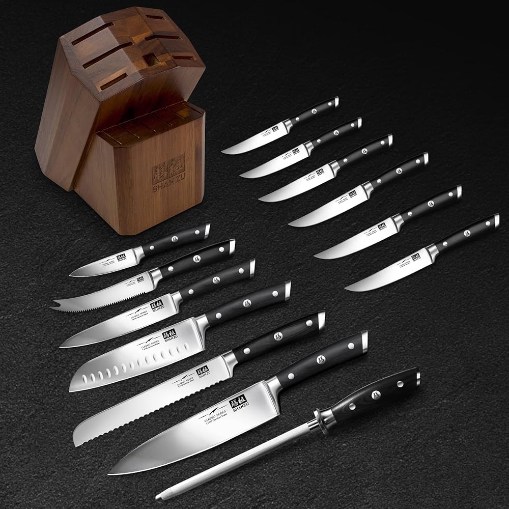 SHAN ZU Ensemble de Couteaux de Cuisine avec Bloc, Set de 14 Couteaux de Chef Allemands Professionnels avec Affûteur Fusil à Aiguiser : Cuisine et Maison