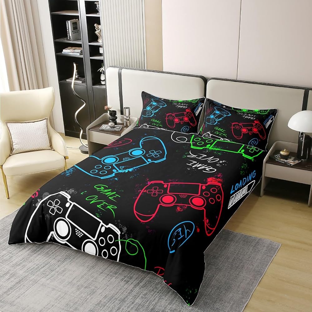 Homewish 100% Coton Biologique, Garçon Housse de Couette 220x240 Manette de Jeux, Ensemble de Literie Réversible pour Console de Jeux, Parure de Lit Jeux Vidéo, Couvre-Lit Joystick Jeux, Noir : Cuisine et Maison