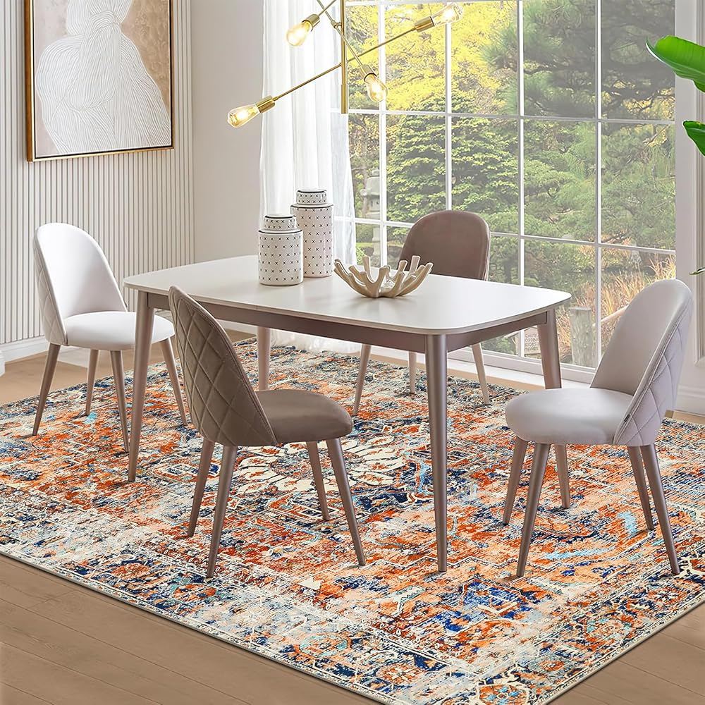 WONGS BEDDING Tapis de salon, 140 x 200 cm, style bohème à poils courts, pour salle à manger, chambre à coucher, lavable, antidérapant, en laine synthétique tapis, orange : Cuisine et Maison