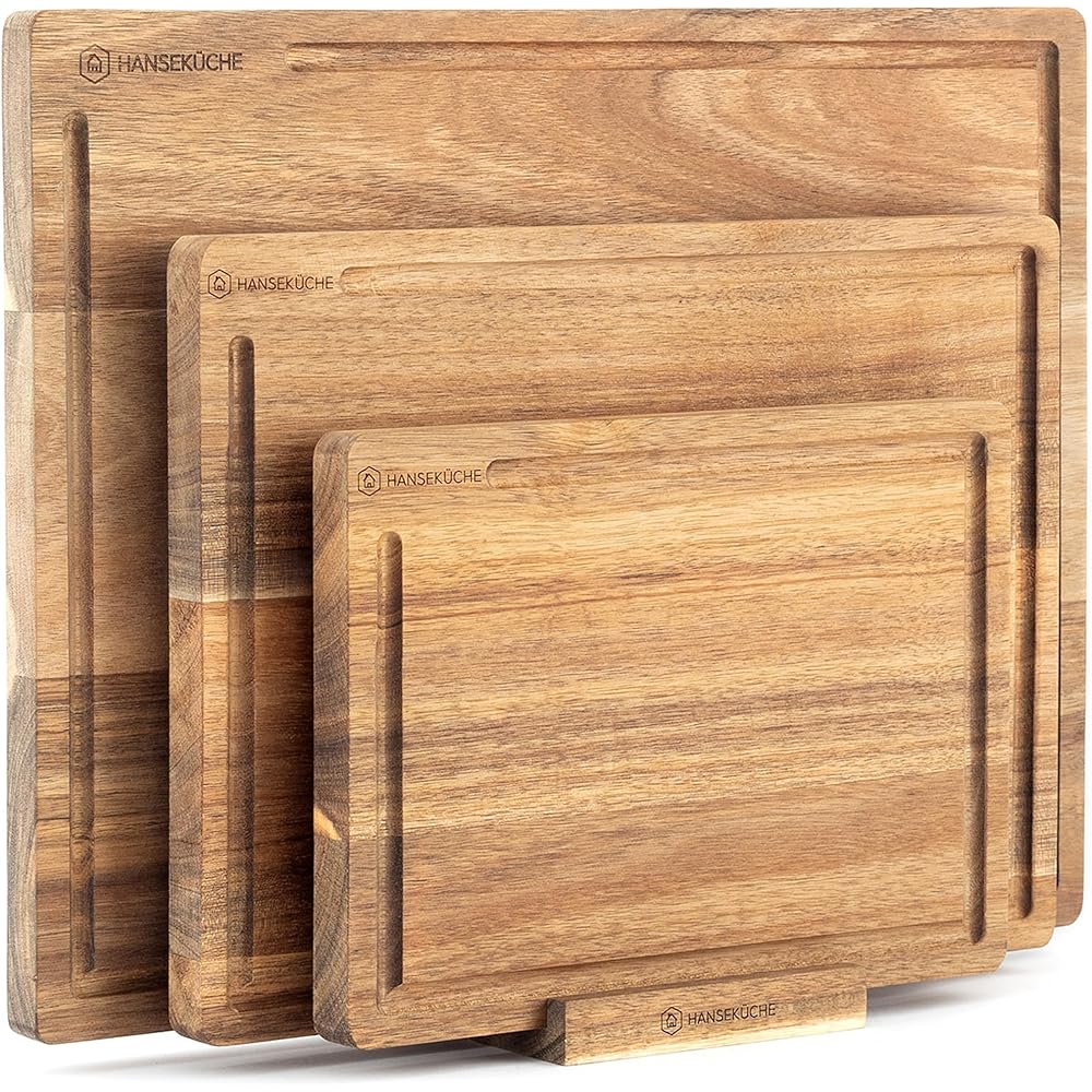 Hanseküche Lot de 3 planches à découper - Planche à découper de qualité supérieure - Grande planche en bois de cuisine avec rainure à jus - Planche de cuisine - Planche à découper massive (acacia) : Cuisine et Maison