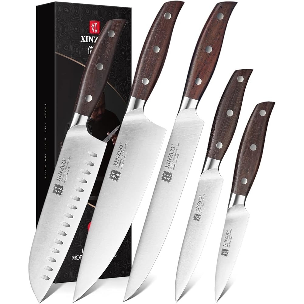 XINZUO 5 Pièces Set Couteaux de Cuisine en Acier Inoxydable 1.4116 Allemand,Professionnel Acier à Haute Teneur en Carbone Couteau de Chef Santoku Trancher Universel Fruits, Red Sandalwood Poignée : Cuisine et Maison