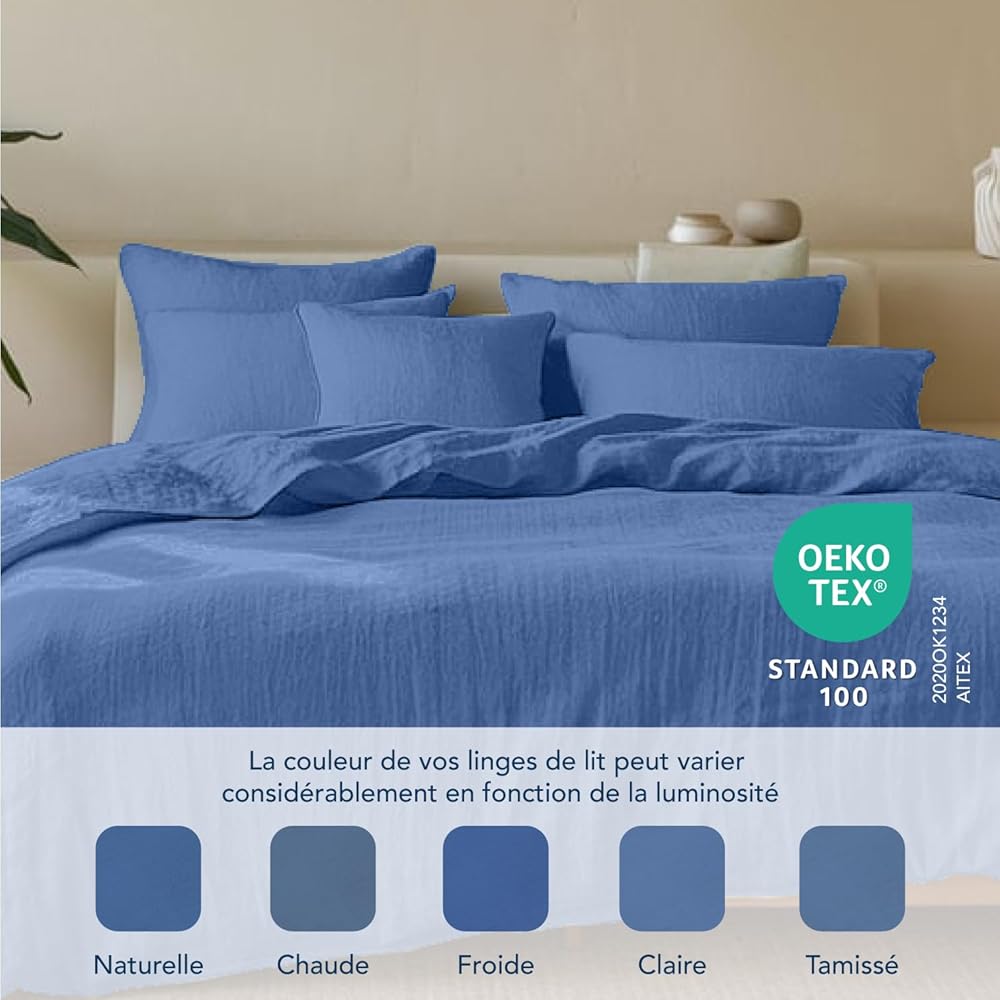 Dreamzie - Housse de Couette Gaze de Coton 240x220 cm avec 2 Taie Oreiller 80x80 cm - Bleu - Parure de Lit 240x220 Adulte - Certifié sans Produits Chimiques (Oeko TEX) : Cuisine et Maison