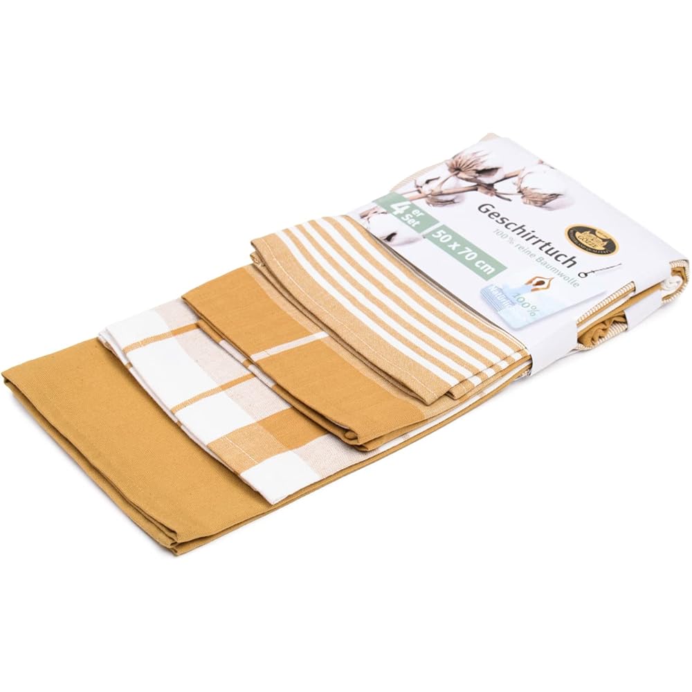 Gözze - Lot de Torchons, 4 pièces, 100% coton Tissu Jacqaurd, haute densité (200 g/m²), 50 x 70 cm - Jaune moutarde : Cuisine et Maison