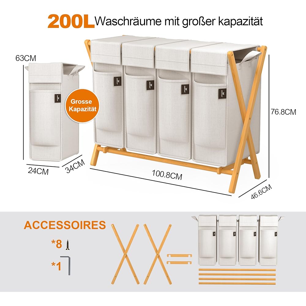 AdelDream Panier à Linge 4 Compartiments 200 L Panier à Linge en Bambou pour Linge Sale Trieur de Linge Boîte à Linge en Bois Panier à Linge avec Couvercle : Cuisine et Maison