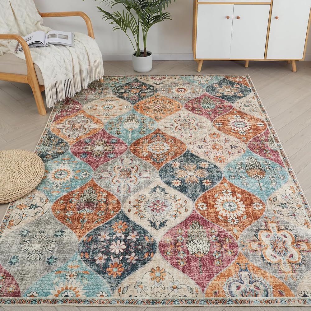 Xfrog Tapis bohème, antidérapant, lavable, ultra doux, antique, à poils bas, pour salon, chambre à coucher, chambre d'enfant, 160 x 230 cm : Cuisine et Maison