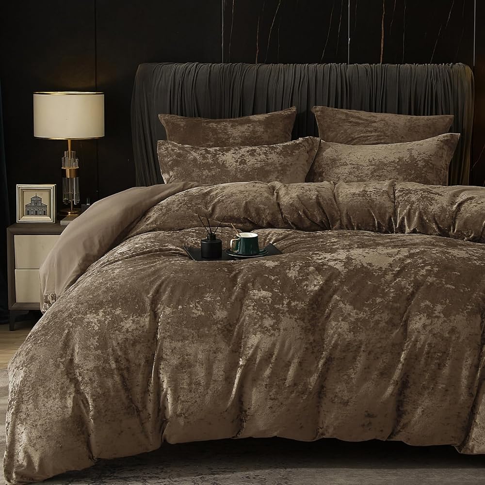 PHF Parure de lit en velours 200 x 220 cm, parure de lit de luxe moelleuse 200 x 220 cm avec 2 taies d'oreiller 80 x 80 cm, housse de couette douillette en velours, kaki : Cuisine et Maison