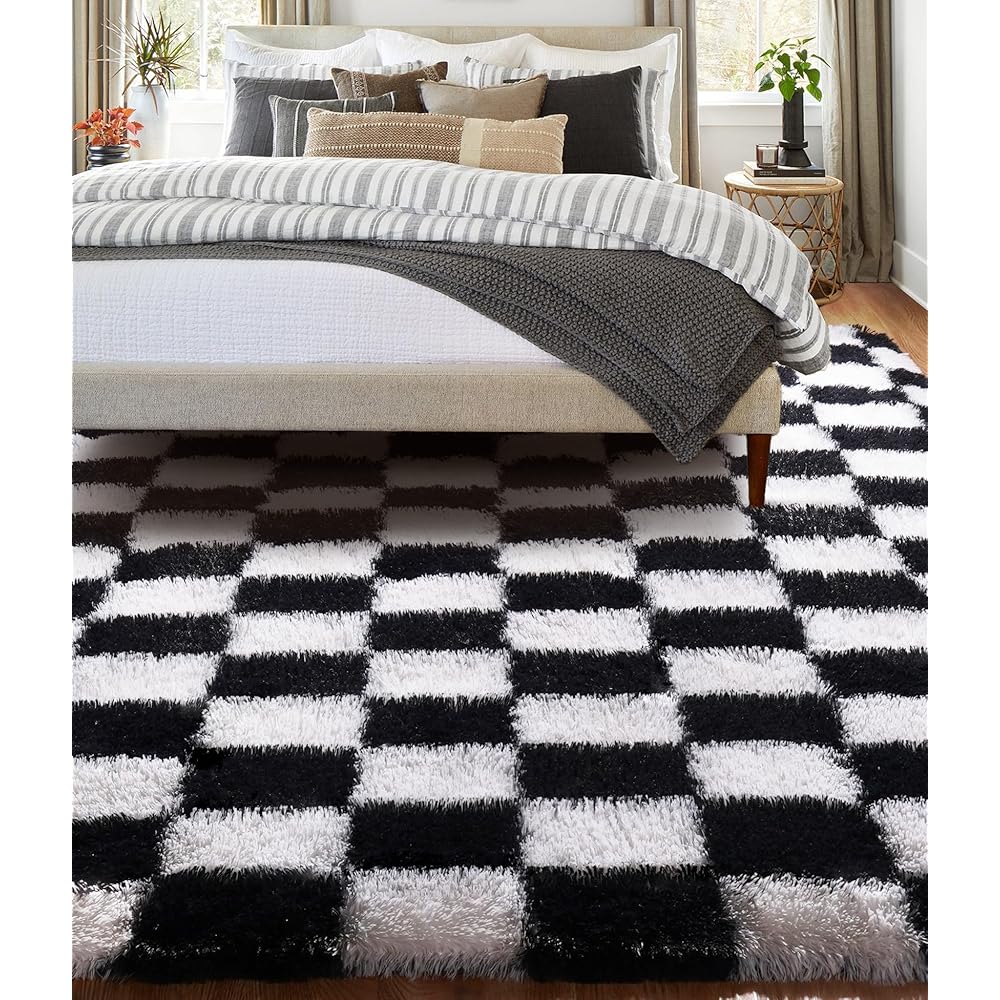 BYBSRLL Tapis à carreaux, 180 x 270 cm, noir et blanc, moelleux, pour salon, chambre à coucher, chambre à coucher ou d'enfant, doux : Cuisine et Maison