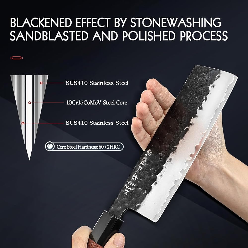 HEZHEN Couteau Nakiri Style japonais Couteau Couteau, Multi-Usages Couteau de chef Asiatique Pour Trancher la Viande et les Légumes, Manche Octogonal Ergonomique en Bois Rouge : Cuisine et Maison