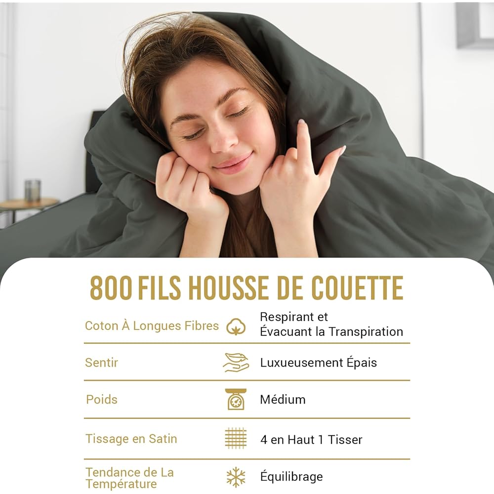Pizuna Coton Luxueux Ensemble de Housses de Couette 240x220 cm 2 Personnes Gris Fonce, Tissu de Satin de Coton à 800 Fils au Pouce carré Housse de Couette Respirante avec Fermeture à Boutons : Cuisine et Maison