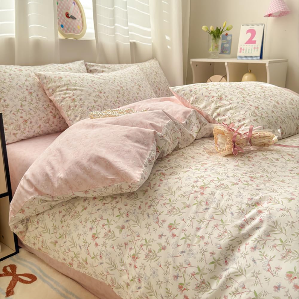 Covebett Housse de Couette Coton 220x240 Rose et Blanc Fleurie Floral Feuilles Parure de Lit 3 Pièces Adulte 2 Personnes Doux Coton Linge de lit avec Fermeture Éclair et 2 Taie d'oreiller 65x65cm : Cuisine et Maison