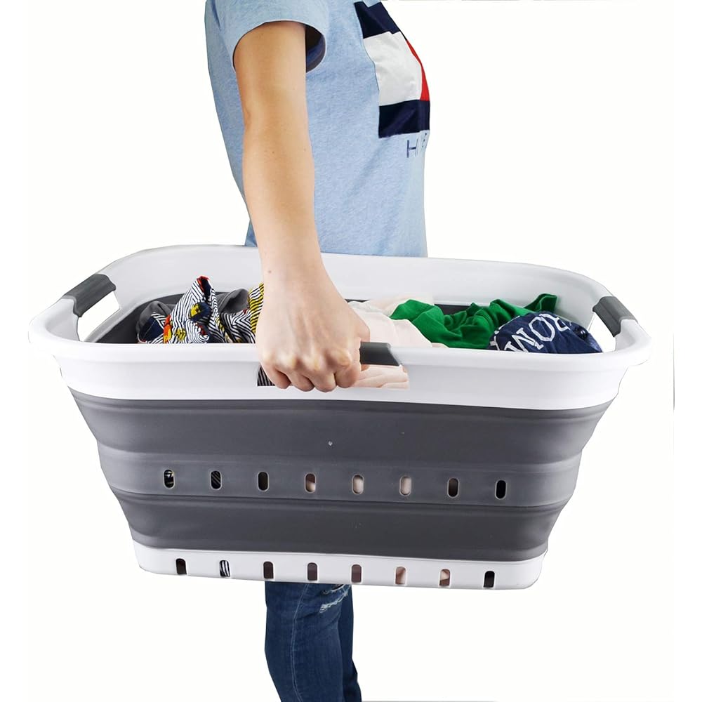 Sammart 42L Panier à linge pliable en plastique, utilisable comme bac de rangement ou de nettoyage, portable, gain de place, blanc/gris foncé : Cuisine et Maison