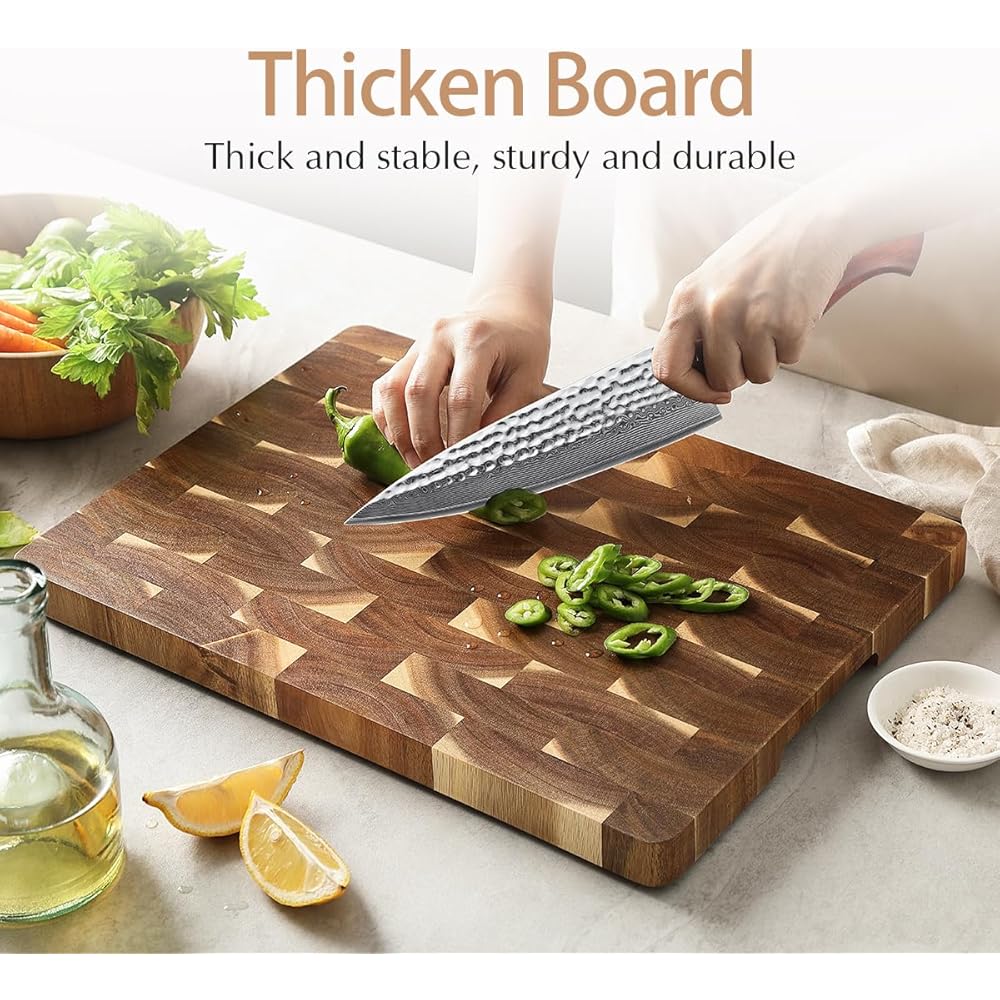 HEZHEN Planches à Découper Bois d'Acacia-Bois End Grain Planche à Trancher-Planche a Decouper Viande,Avec Poignée Latérales et Pieds Antidérapants : Cuisine et Maison