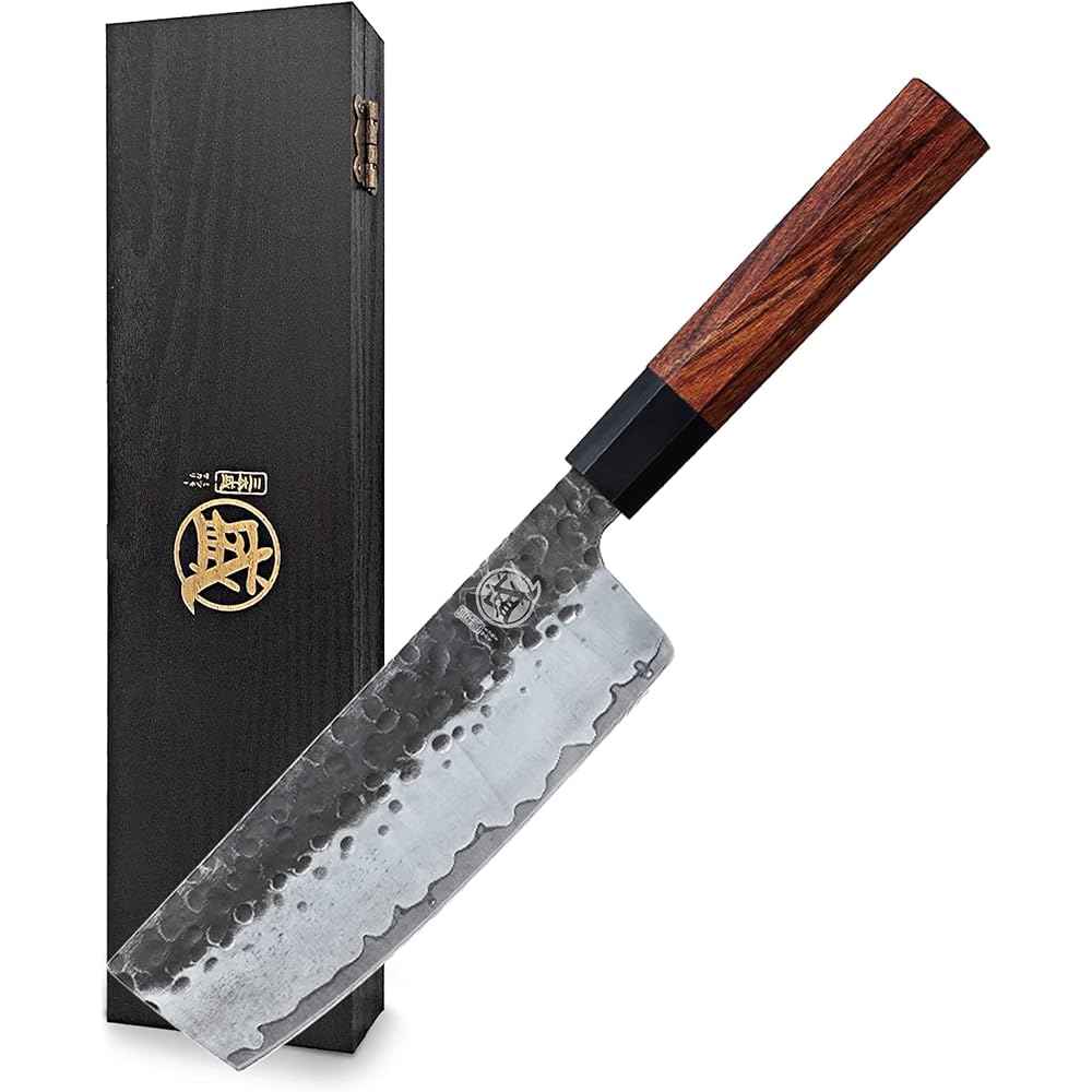 MITSUMOTO SAKARI Couteau Japonais Nakiri de 18 cm, Couteau Cuisine Professionnels Forgé à la Main, Couteau à Légumes en Acier à Haute Carbone (Manche en Bois de Rose et Boutique Boîte en Bois) : Cuisine et Maison