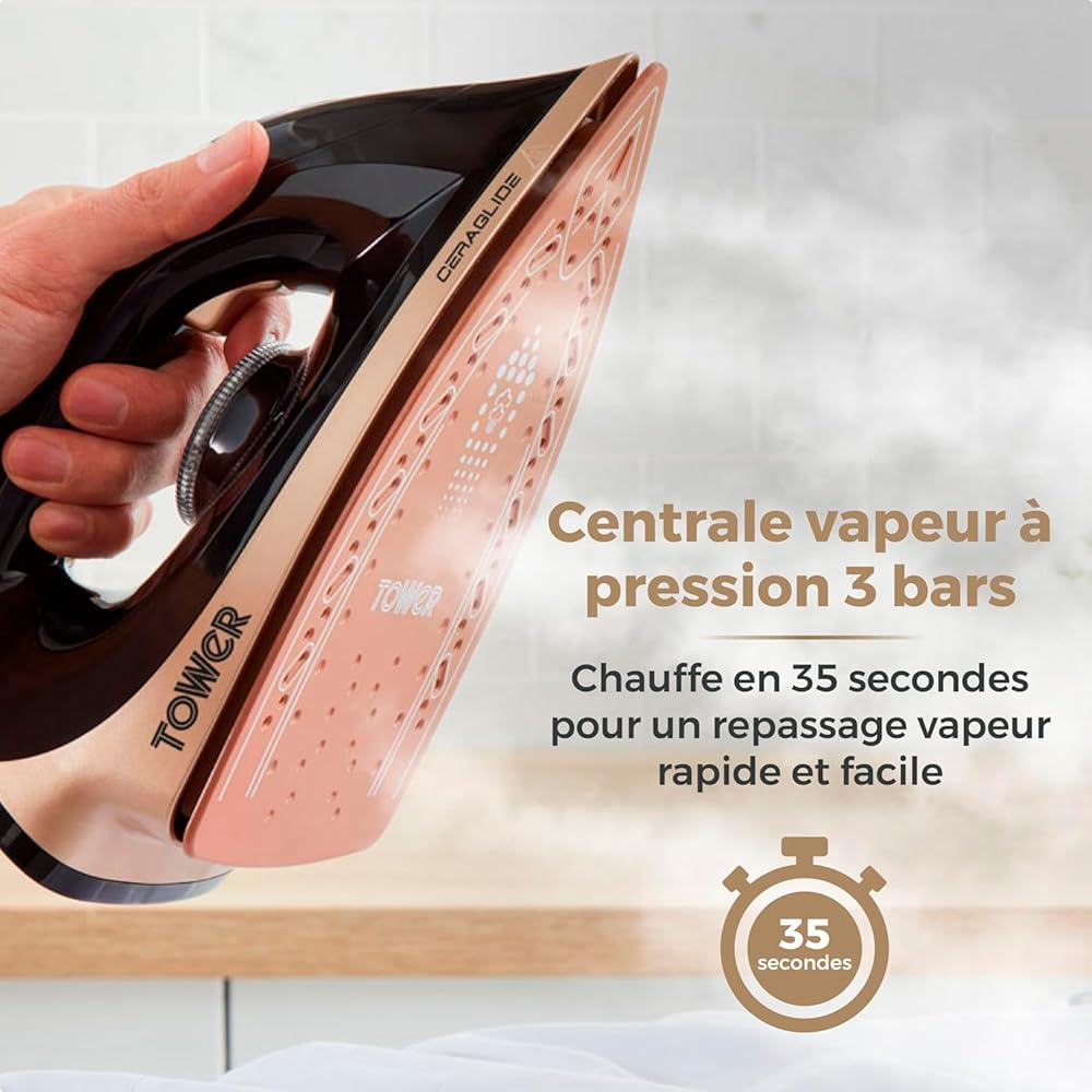 Tower T22023GLD Centrale Vapeur - Fer à Repasser Centrale Vapeur - Centrale Vapeur à Fil CeraGlide avec Bouton Steam Shot, 3 Réglages de Température - 1,2 L - 2 700 W - Champagne Doré et Noir : Cuisine et Maison