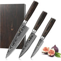 Wakoli EDIB Essentials Lot de 3 couteaux de cuisine avec lames de 10 à 20 cm I 67 couches en acier damassé I Couteau de chef, petit couteau de chef et couteau d'office I Avec protection des doigts et : Cuisine et Maison